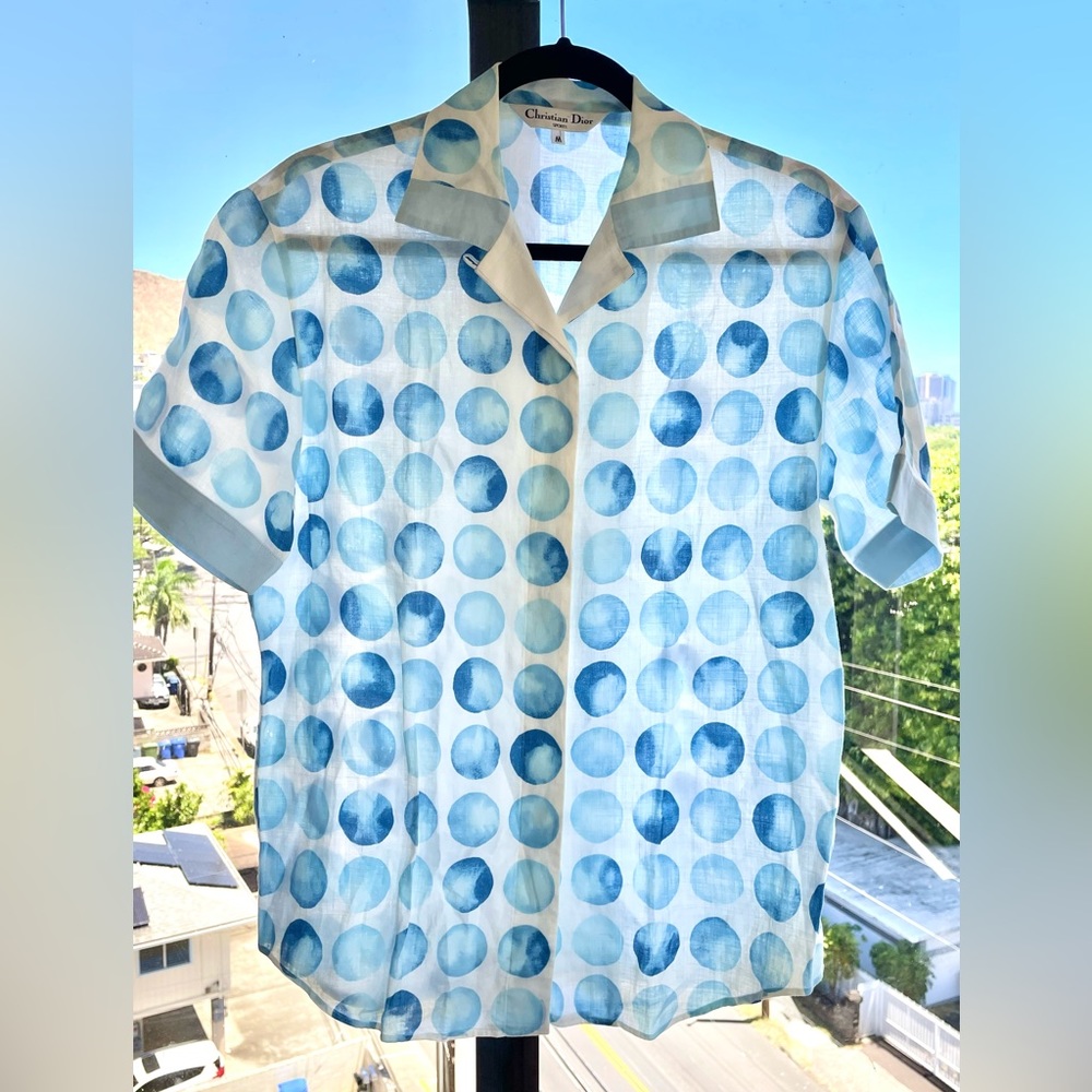 Vintage Christian Dior Watercolor Polka Dot Collared Shirt